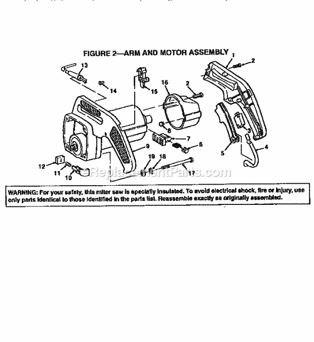 Arm And Motor Assembly Diagram and Parts List for 113235100  Craftsman Miter Saw