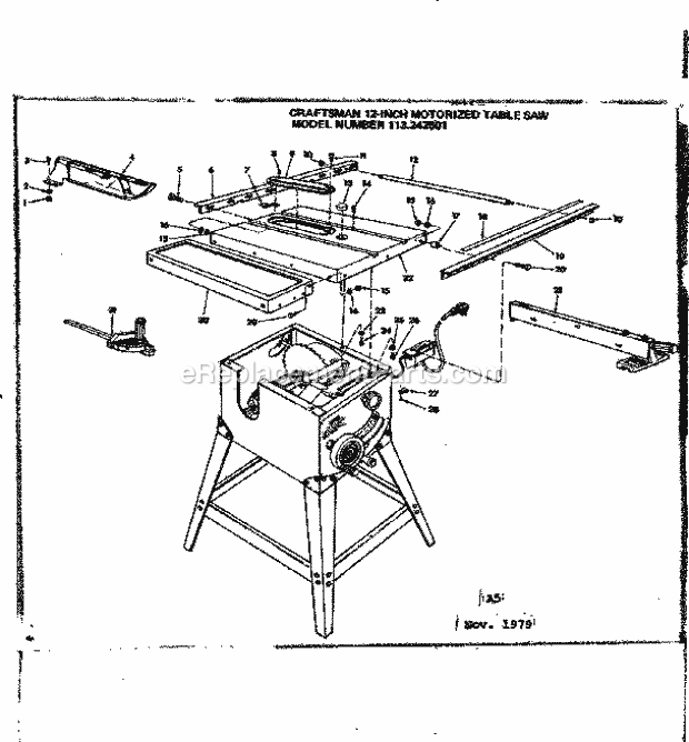 Unit Diagram and Parts List for 113242501  Craftsman Table Saw