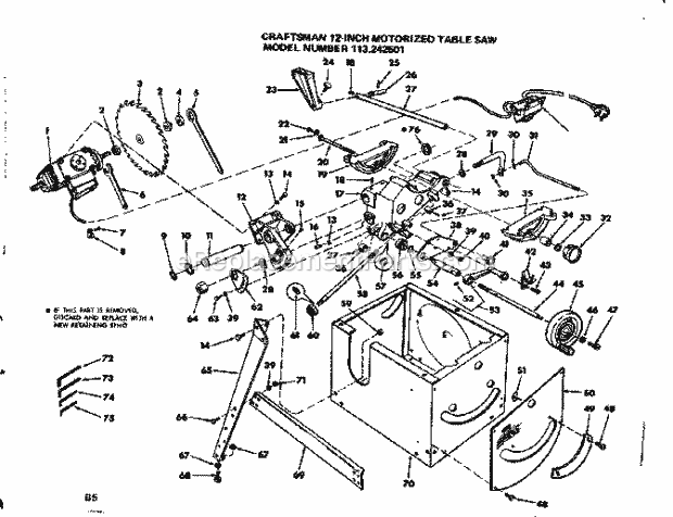 Unit Breakdown Diagram and Parts List for 113242501  Craftsman Table Saw