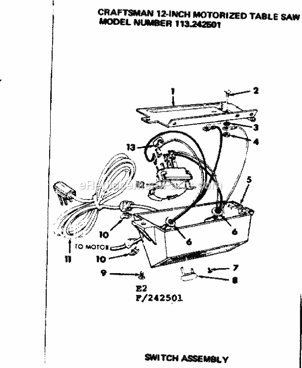 Switch Asm Diagram and Parts List for 113242501  Craftsman Table Saw