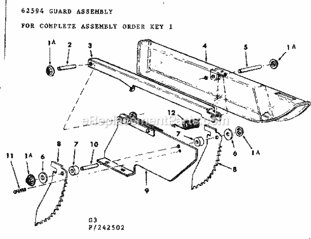 Guard Assembly Diagram and Parts List for 113242502  Craftsman Table Saw