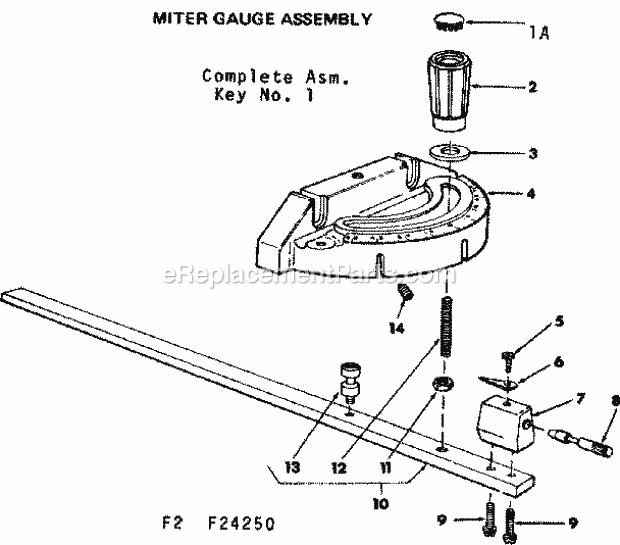 Miter Gauge Assembly Diagram and Parts List for 11324250  Craftsman Table Saw