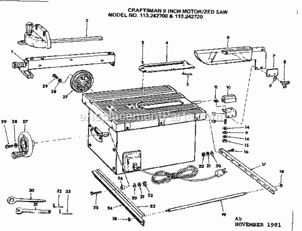 Unit Housing Diagram and Parts List for 113242700  Craftsman Table Saw