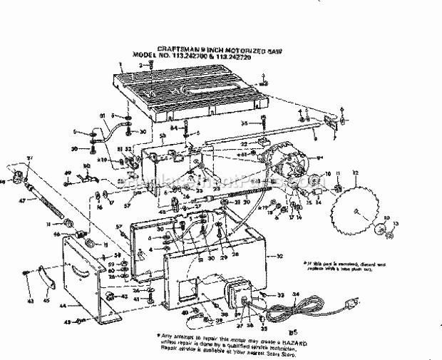 Unit Breakdown Diagram and Parts List for 113242720  Craftsman Table Saw