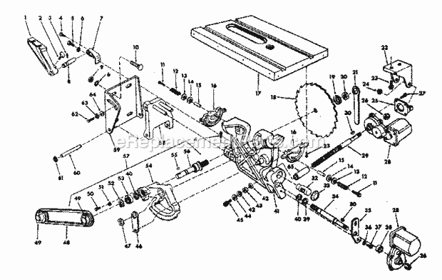 Blade And Transmission Assembly Diagram and Parts List for 113290650  Craftsman Table Saw