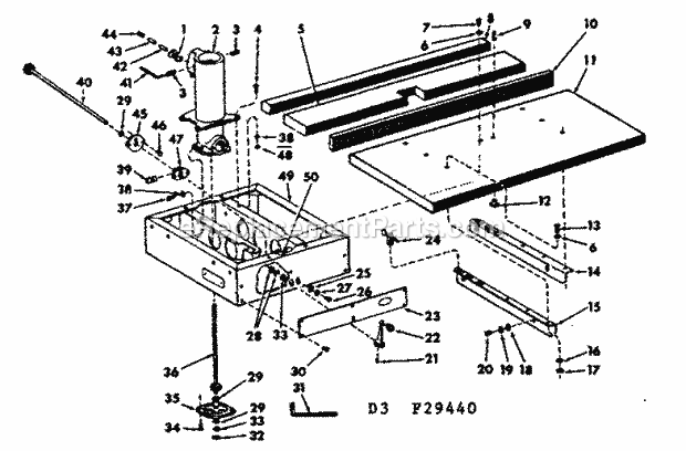 Fence And Base Assembly Diagram and Parts List for 11329440  Craftsman Chop Saw