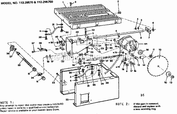 Unit Breakdown Diagram and Parts List for 113295750  Craftsman Table Saw
