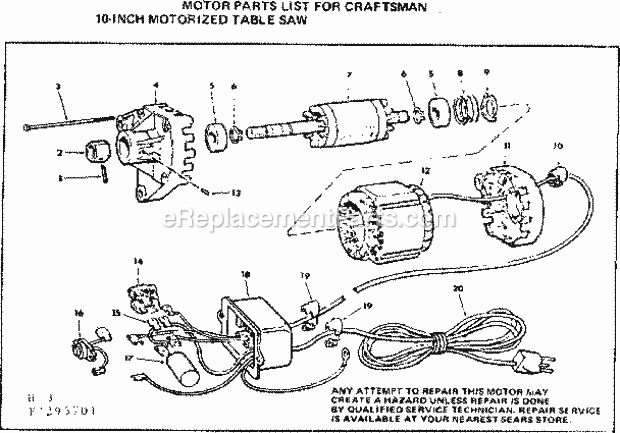Motor / Control Box Diagram and Parts List for 113295751  Craftsman Table Saw