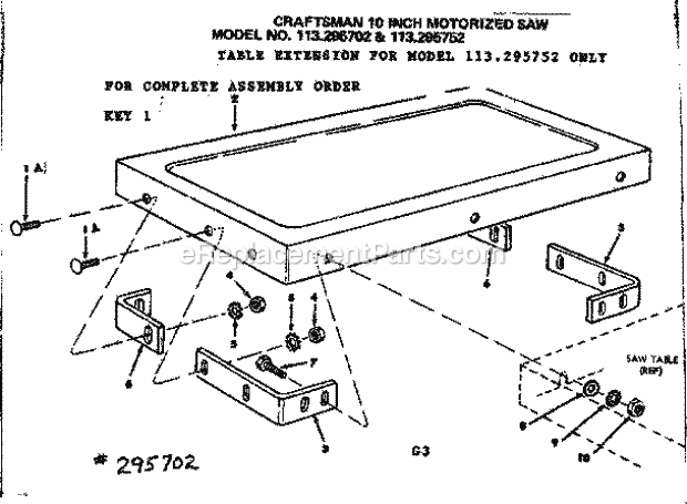 Table Extension Diagram and Parts List for 113295752  Craftsman Table Saw