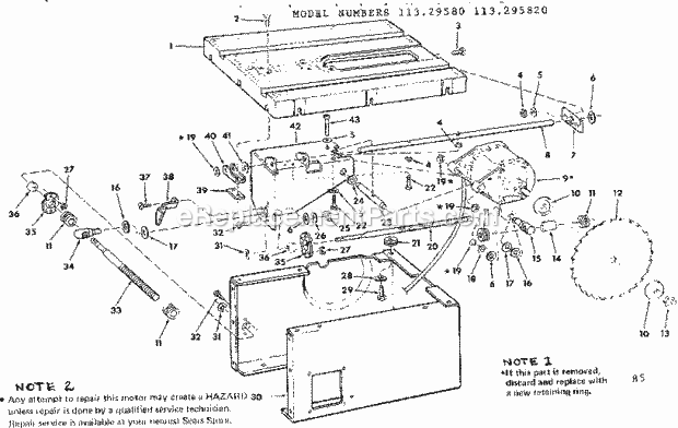 Unit Breakdown Diagram and Parts List for 113295820  Craftsman Table Saw