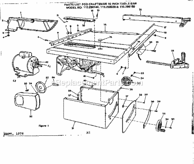 Unit Housing Diagram and Parts List for 113298030  Craftsman Table Saw