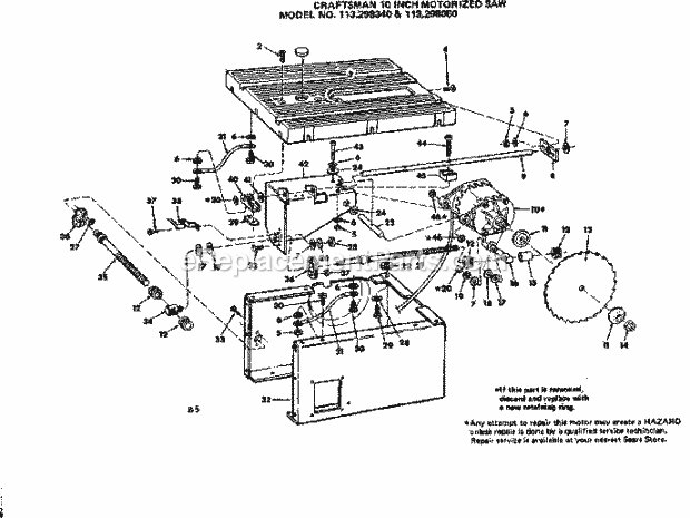 Unit Breakdown Diagram and Parts List for 113298050  Craftsman Table Saw