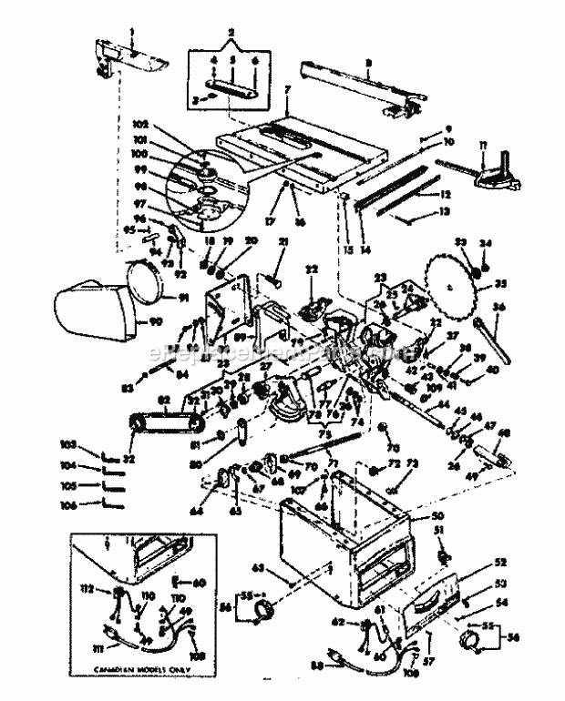 Unit Breakdown Diagram and Parts List for 11329943  Craftsman Table Saw