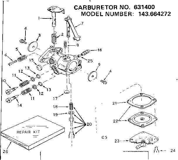 Carburetor Diagram and Parts List for 143664272  Craftsman Engine
