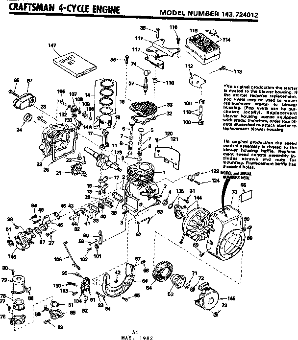 Replacement Parts Diagram and Parts List for 143724012  Craftsman Engine