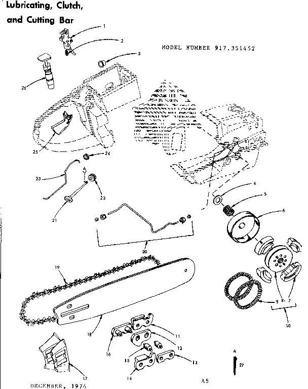 Lubricating, Clutch And Cutting Bar Diagram and Parts List for 917351452  Craftsman Chainsaw