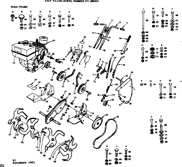 Main Frame Diagram and Parts List for 917299331  Craftsman Tiller