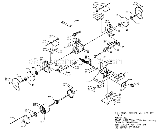 Grinder Diagram and Parts List for 152241260  Craftsman Bench Grinder
