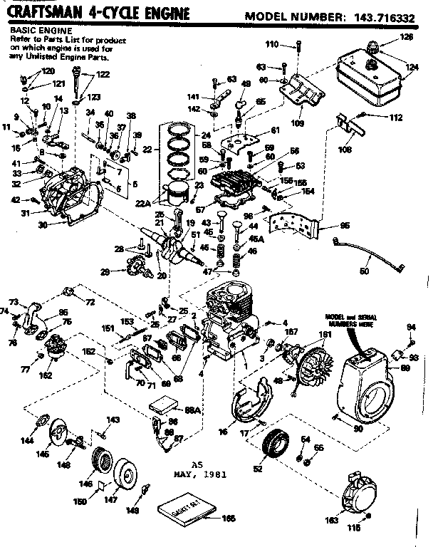 Replacement Parts Diagram and Parts List for 143716332  Craftsman Engine
