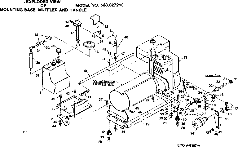 Mounting Base, Muffler And Handle Assembly Diagram and Parts List for 580327210  Craftsman Engine