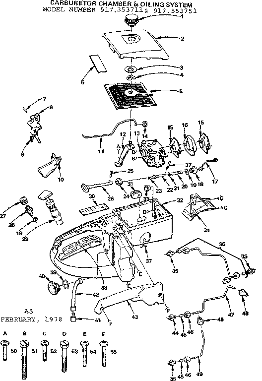 Carburetor Chamber & Oiling System Diagram and Parts List for 917353711  Craftsman Chainsaw