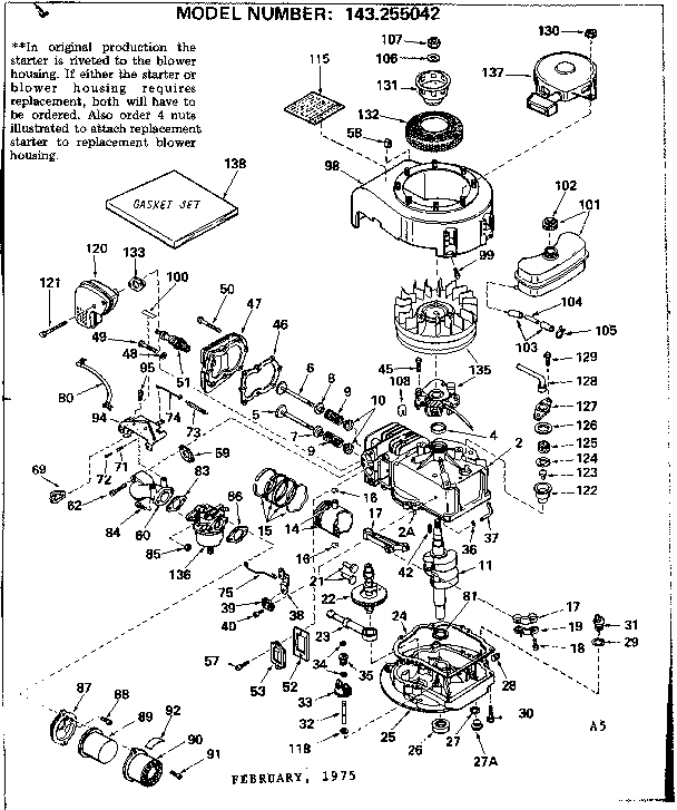 Replacement Parts Diagram and Parts List for 143255042  Craftsman Engine