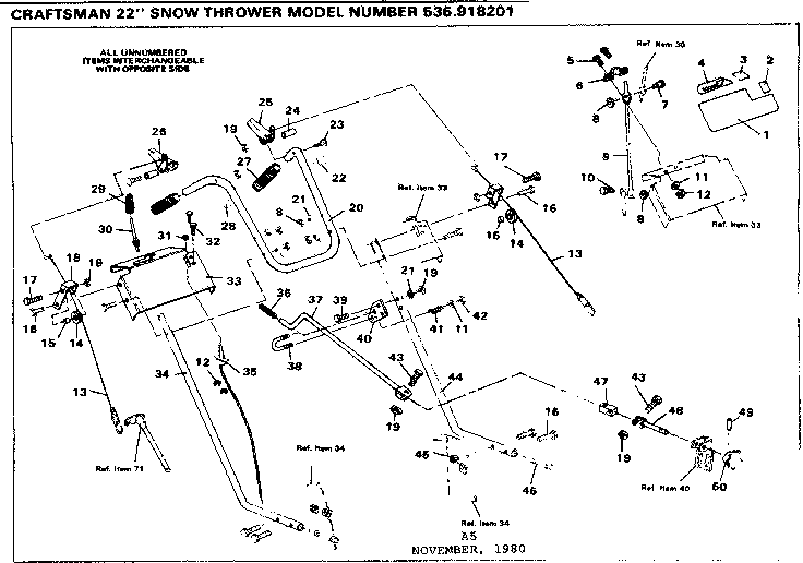 Handle Assembly Diagram and Parts List for 536918201  Craftsman Snow Blower