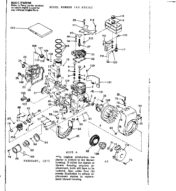 Replacement Parts Diagram and Parts List for 143654142  Craftsman Engine