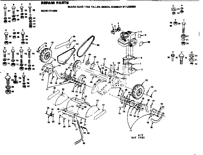 Main Frame Diagram and Parts List for 917299550  Craftsman Tiller
