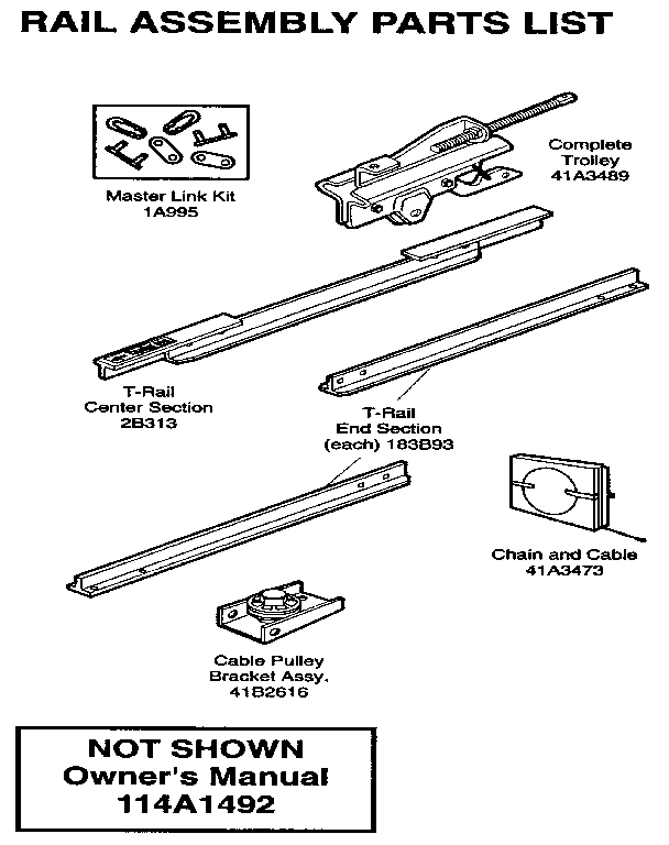 Rail Assembly Diagram and Parts List for 139536181SR  Craftsman Garage Door Opener