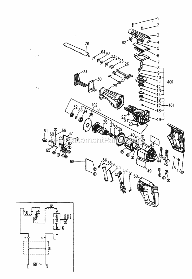 Saw Assy Diagram and Parts List for 17217101  Craftsman Reciprocating Saw