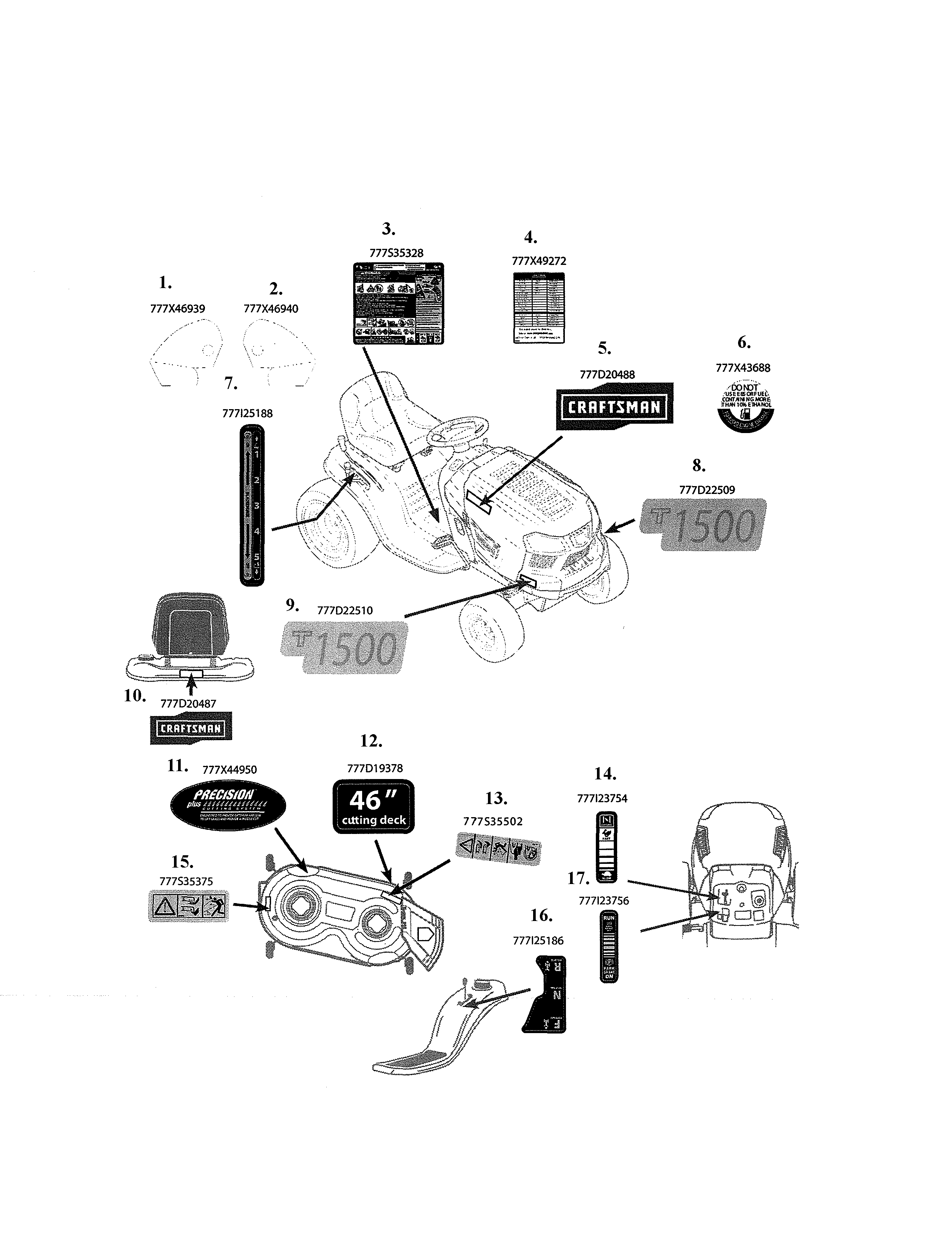 Decals Diagram and Parts List for 247273740  Craftsman Lawn Tractor