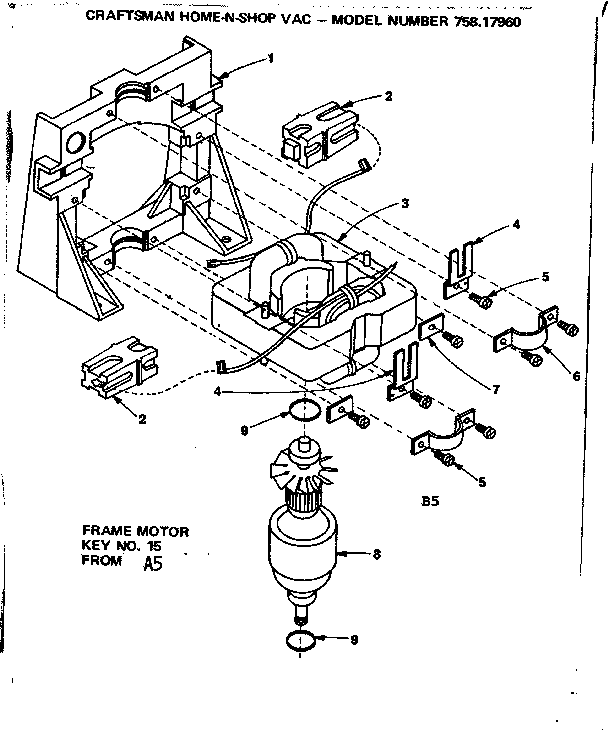 Frame Motor Diagram and Parts List for 75817960  Craftsman Utility Vacuum