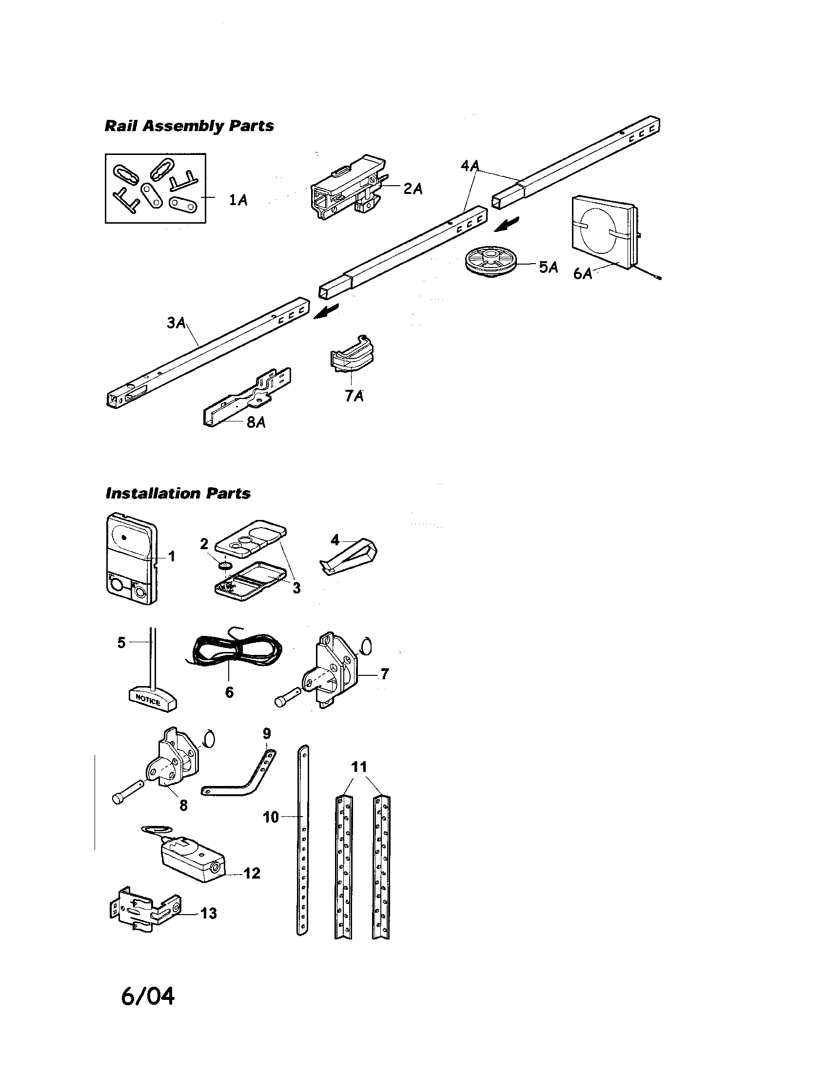 Rail And Installation Assembly Diagram and Parts List for 13953977SRT  Craftsman Garage Door Opener