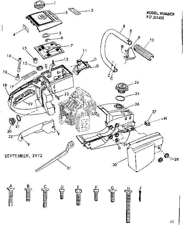 Main Frame Diagram and Parts List for 917351450  Craftsman Chainsaw