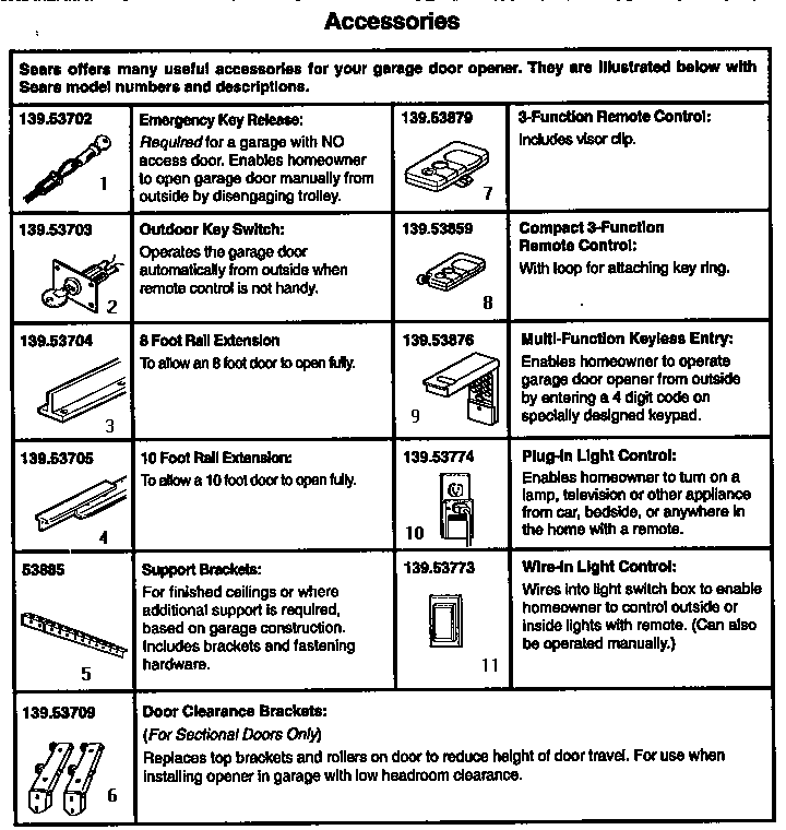 Accessories Diagram and Parts List for 13953800SRT  Craftsman Garage Door Opener