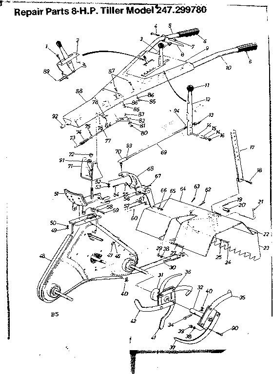 Handle Assembly Diagram and Parts List for 247299780  Craftsman Tiller