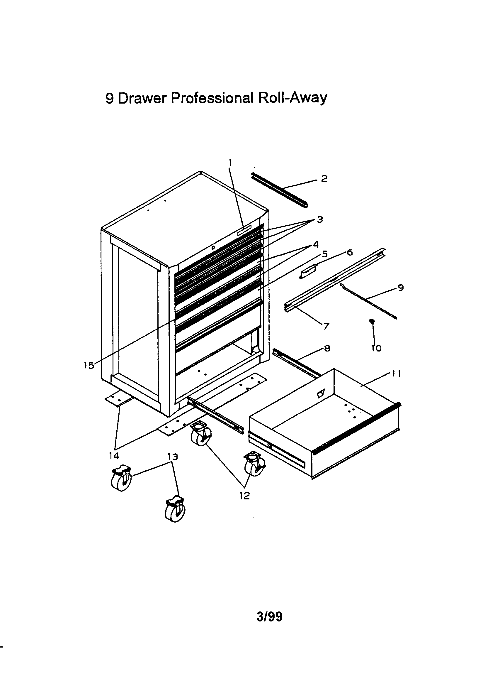 9 Drawer Professional Roll - Away Diagram and Parts List for 706658070  Craftsman Tool Stand & Cart
