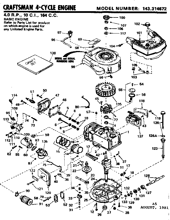 Replacement Parts Diagram and Parts List for 143314672  Craftsman Engine