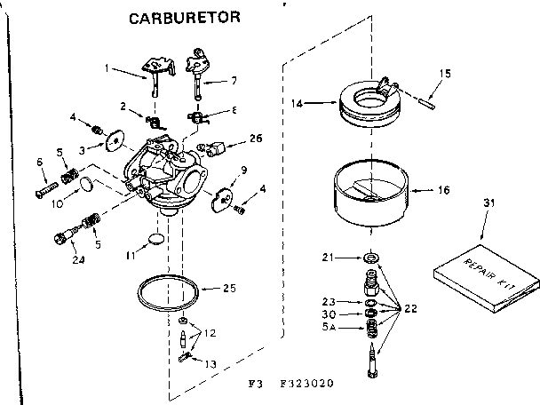 Carburetor Diagram and Parts List for 580323020  Craftsman Engine