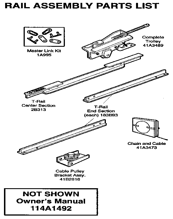 Rail Assembly Diagram and Parts List for 139536141SR  Craftsman Garage Door Opener