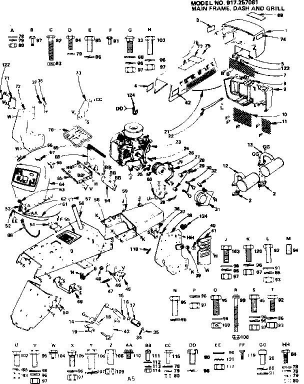 Main Frame/dash And Grill Diagram and Parts List for 917257081  Craftsman Lawn Tractor