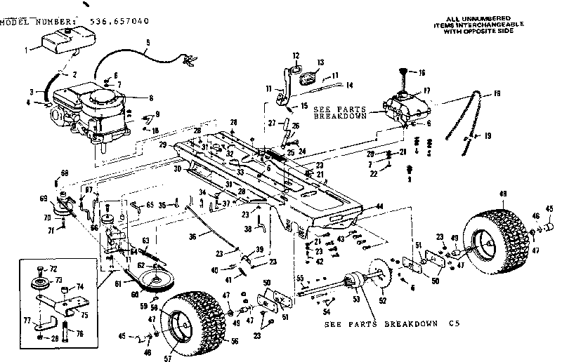 Drive Assembly Diagram and Parts List for 536657040  Craftsman Lawn Mower