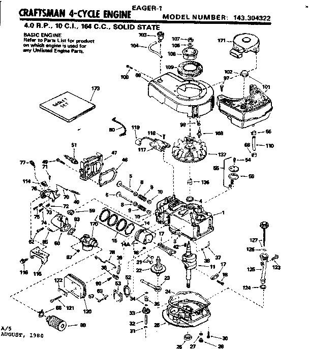 Replacement Parts Diagram and Parts List for 143304322  Craftsman Engine