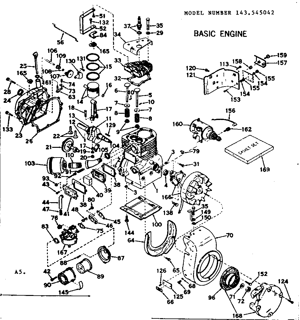 Basic Engine Diagram and Parts List for 143545042  Craftsman Engine