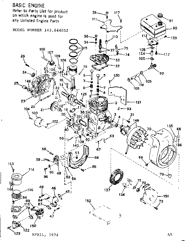 Replacement Parts Diagram and Parts List for 143644052  Craftsman Engine