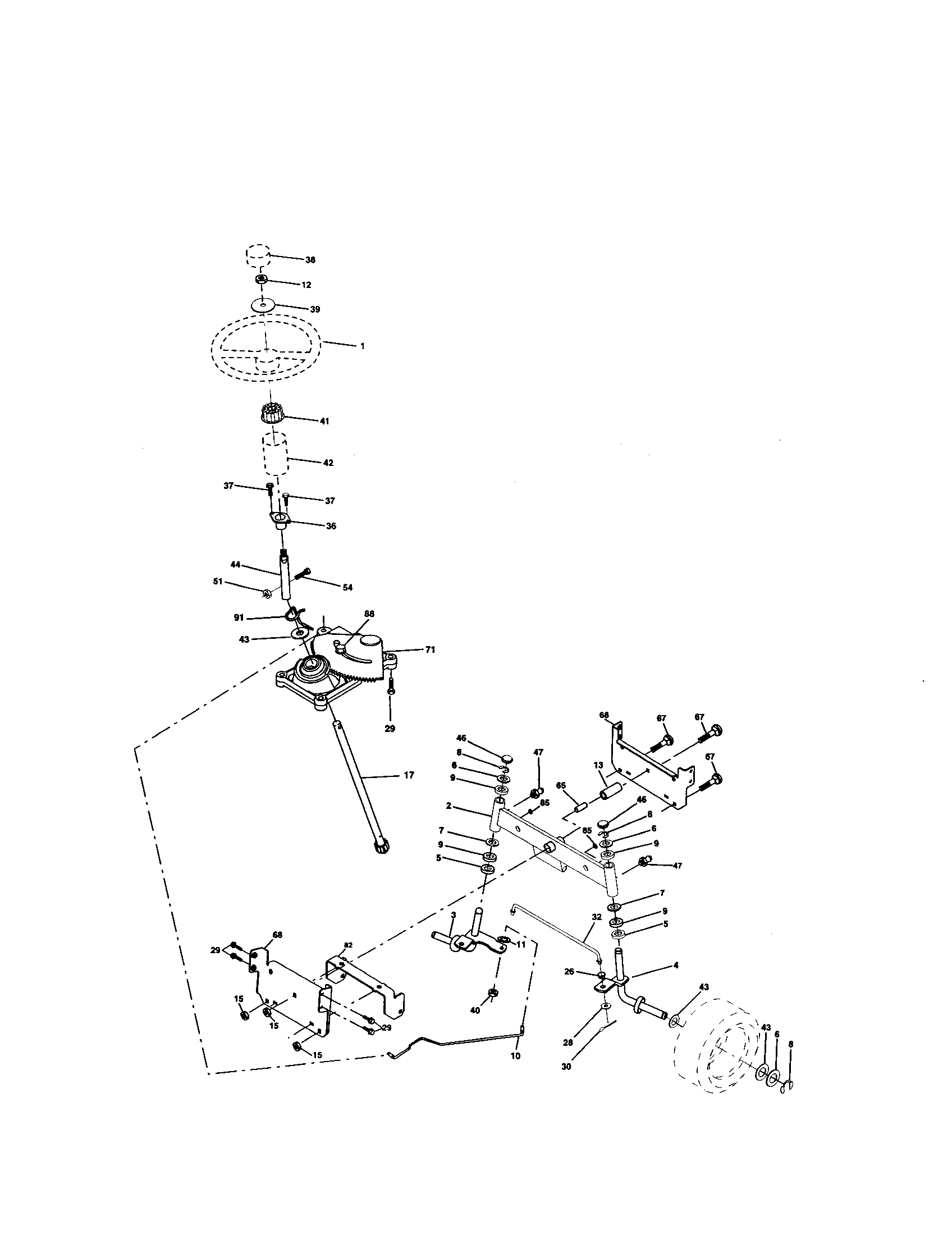 Steering Assembly Diagram and Parts List for 917271654  Craftsman Lawn Tractor