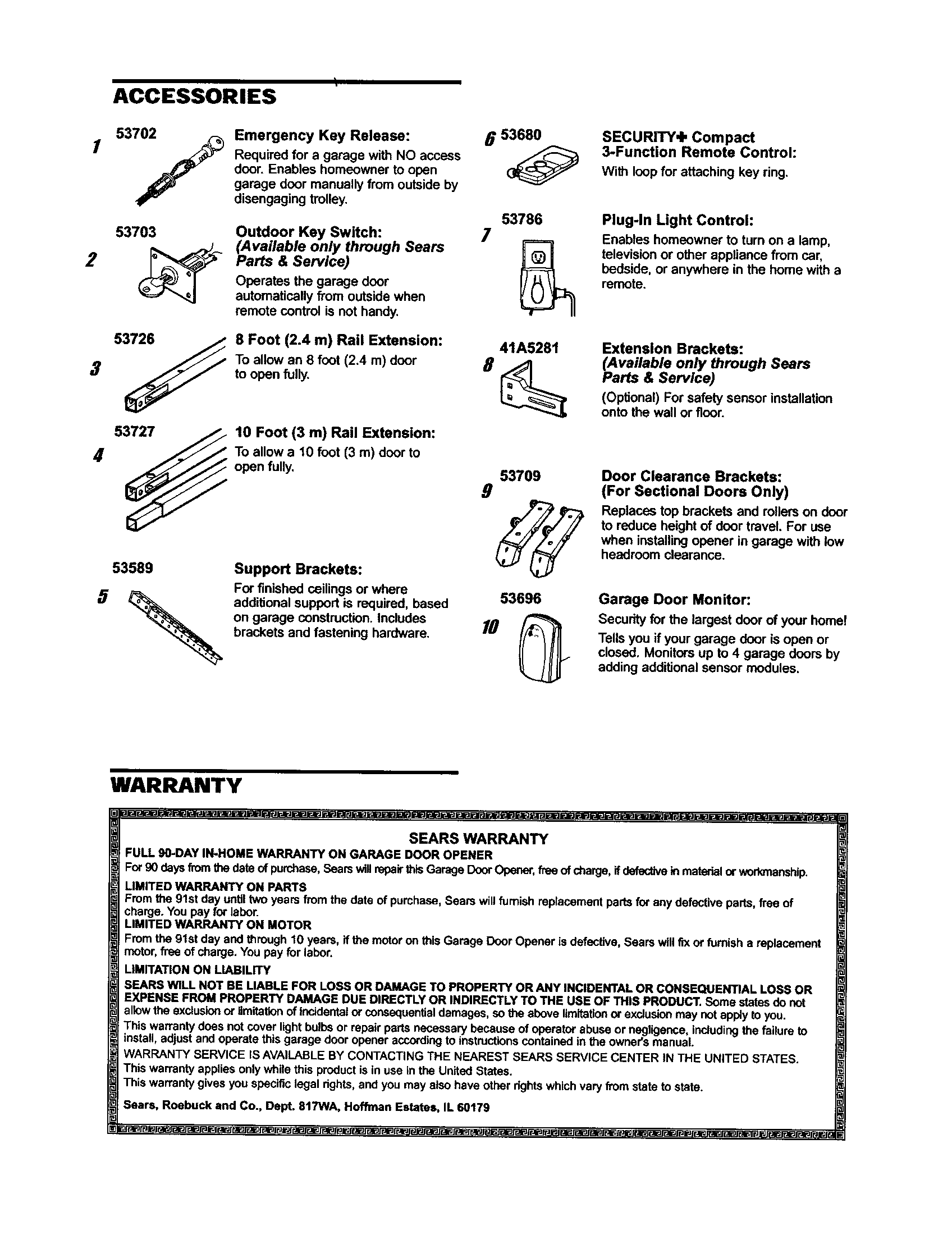 Accessories Diagram and Parts List for 13953985  Craftsman Garage Door Opener
