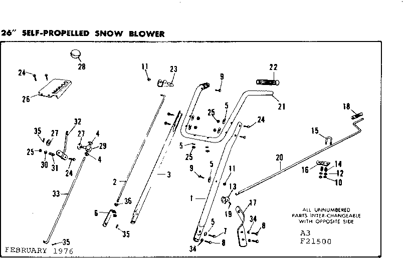 Handle Assembly Diagram and Parts List for 53621500  Craftsman Snow Blower