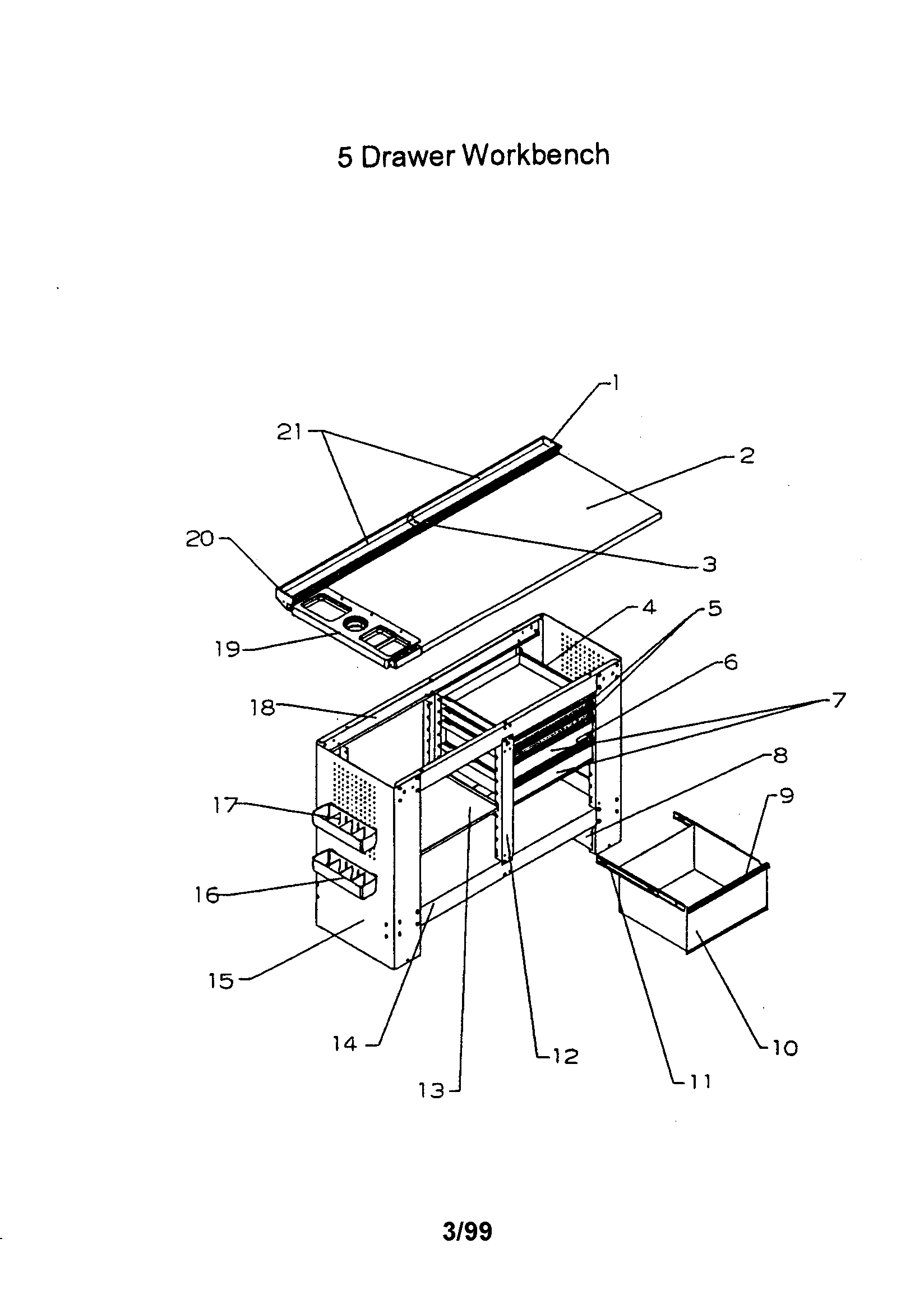 5 Drawer Workbench Diagram and Parts List for 706659550  Craftsman Tool Stand & Cart